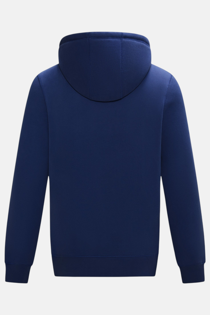 Back view of the navy pullover hoodie with hood and ribbed cuffs and hem