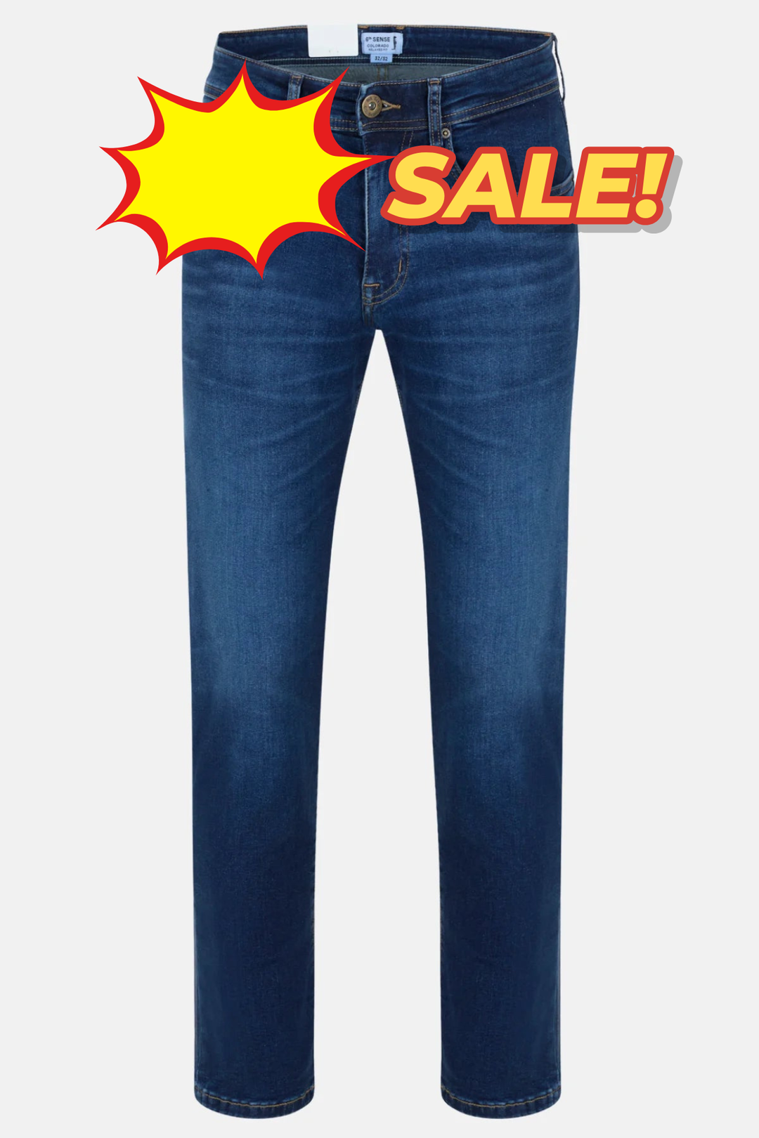 Blue denim jeans with button closure and relaxed straight leg, front view