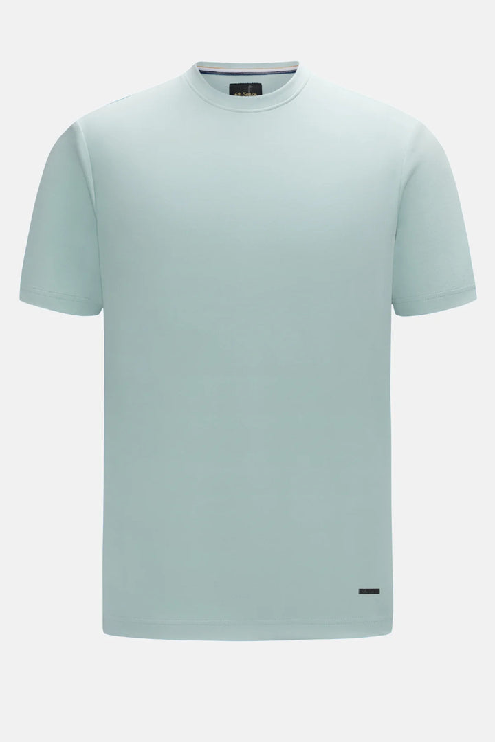 Mist green crew neck liquid T-shirt, short sleeves, small 6th Sense logo on hem