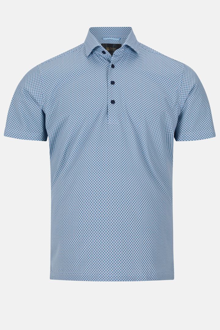 Light blue patterned performance polo shirt with three-button placket