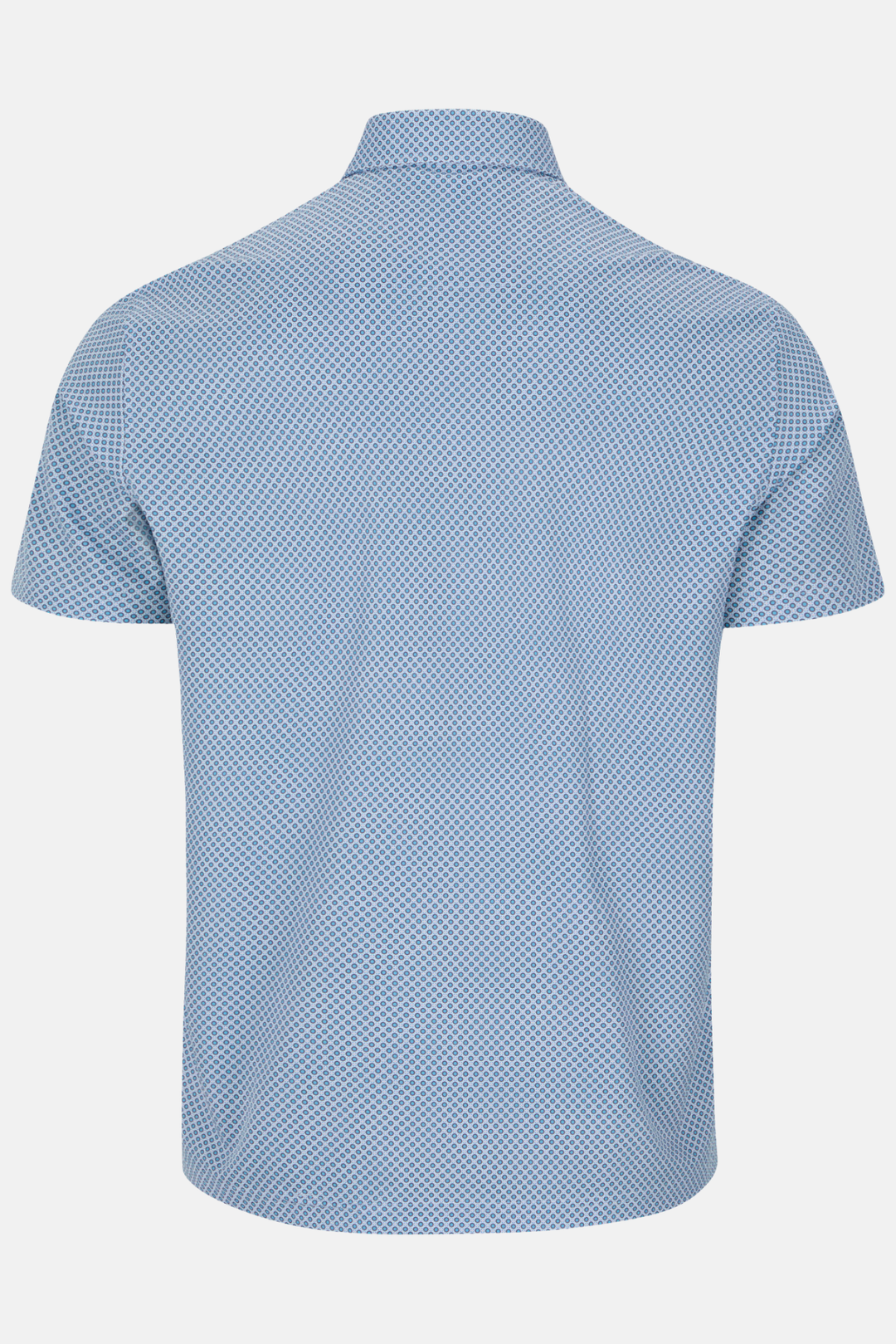 Light blue patterned polo shirt with short sleeves and collar