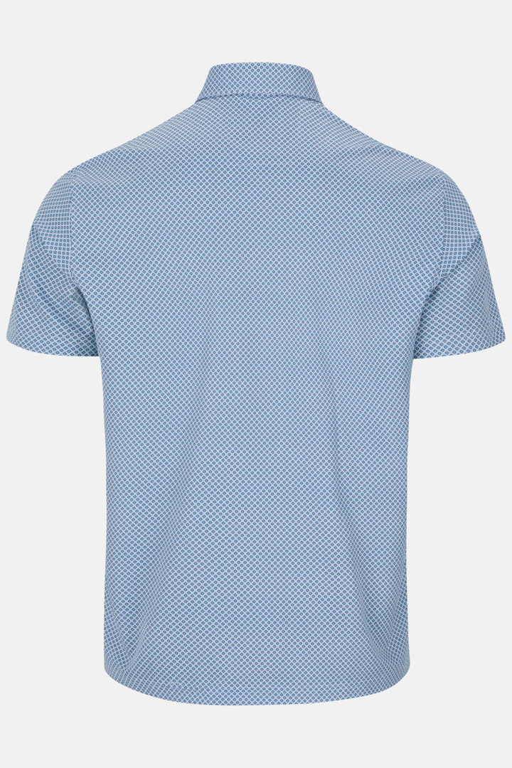Light blue patterned polo shirt with short sleeves and collar