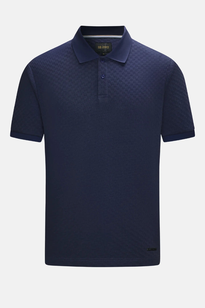 Navy jacquard polo shirt front view with short sleeves and button placket