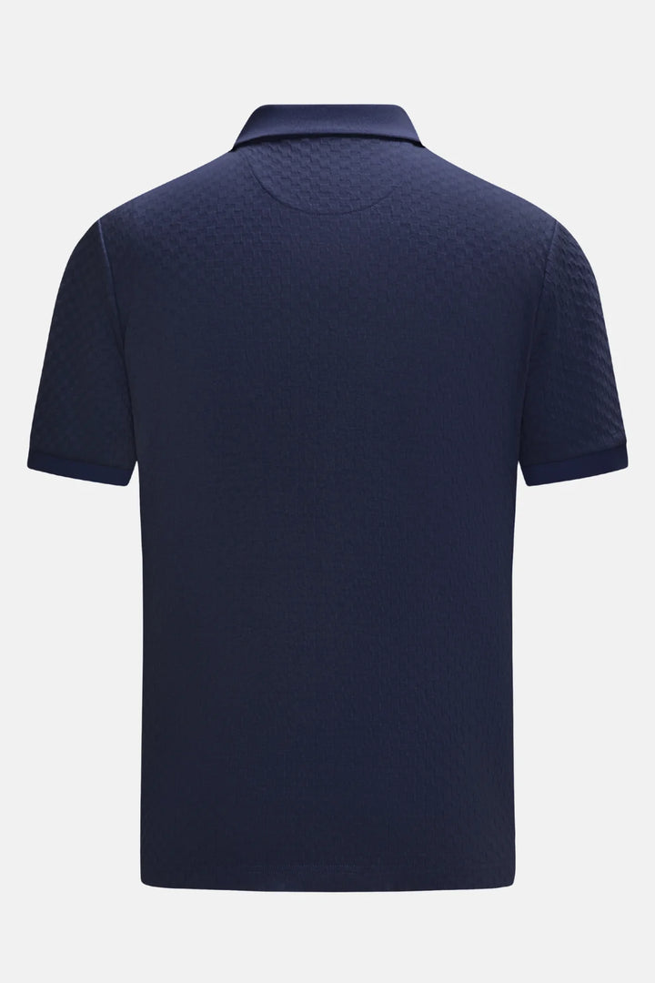 Navy jacquard polo shirt back view with ribbed collar