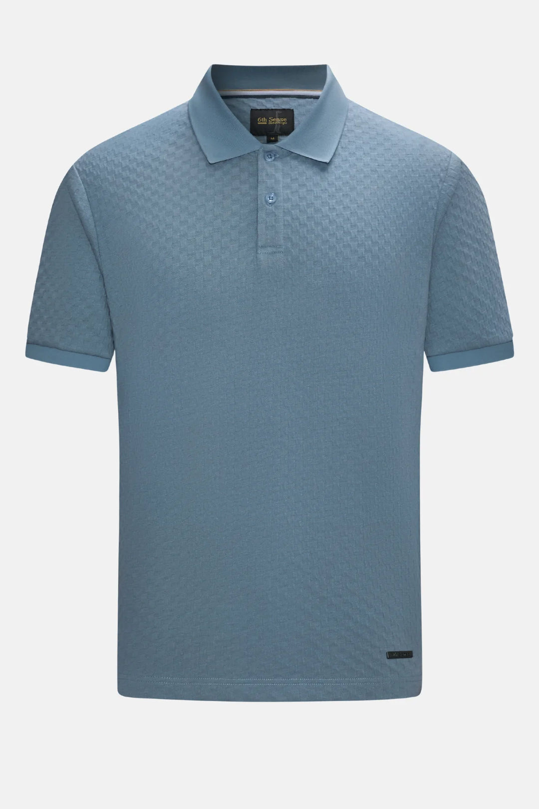 Polo shirt front in light blue jacquard with button placket and small logo
