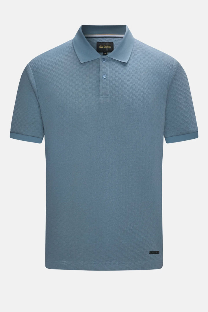Polo shirt front in light blue jacquard with button placket and small logo
