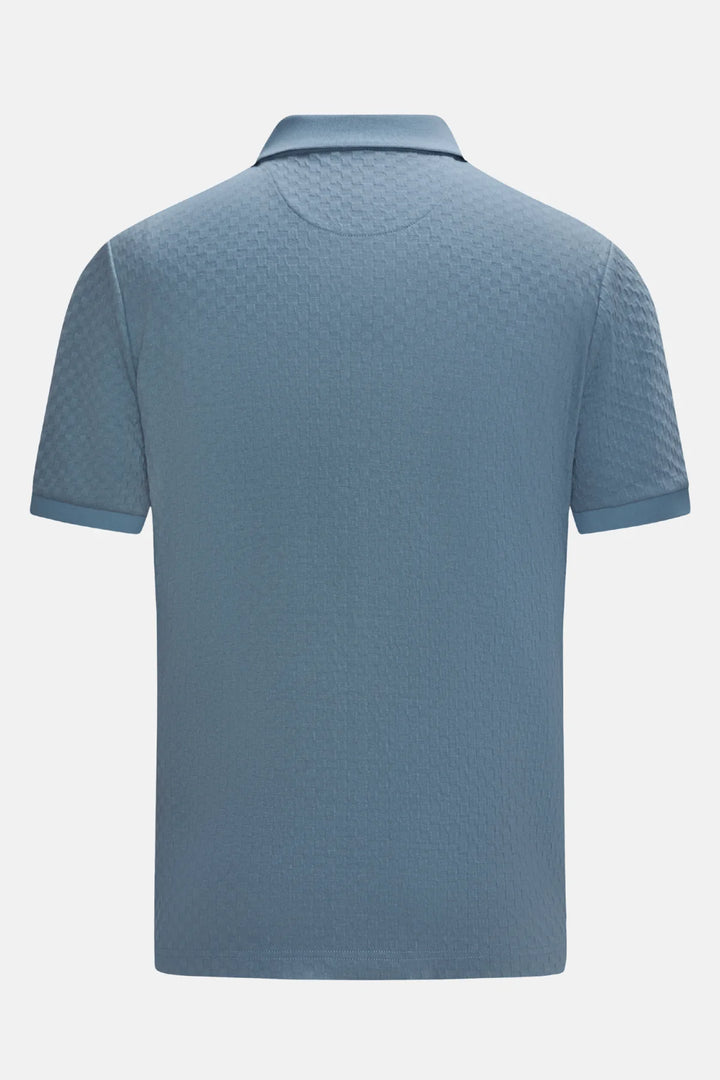 Polo shirt back view in light blue jacquard knit with short sleeves