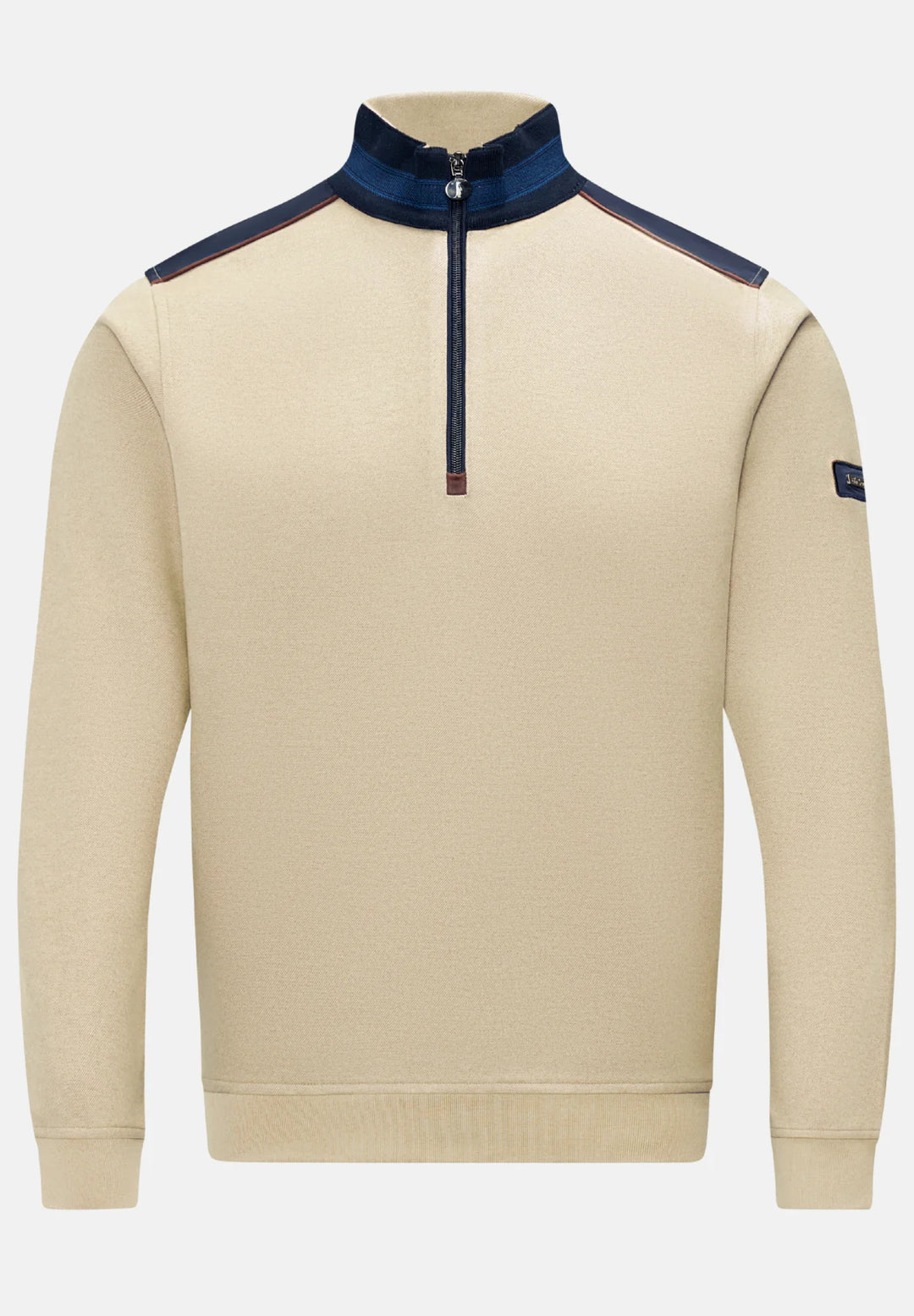 Cobblestone 1/4-zip knit top with dark navy collar and contrast trim at shoulders