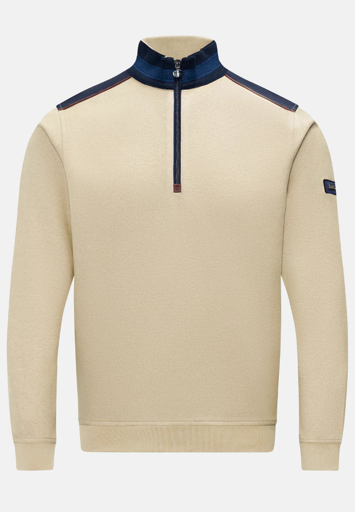 Cobblestone 1/4-zip knit top with dark navy collar and contrast trim at shoulders
