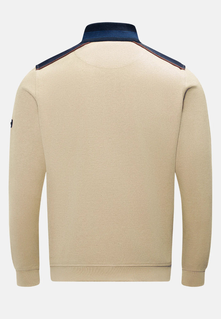 Cobblestone 1/4-zip knit top back view with dark navy collar and shoulder trim