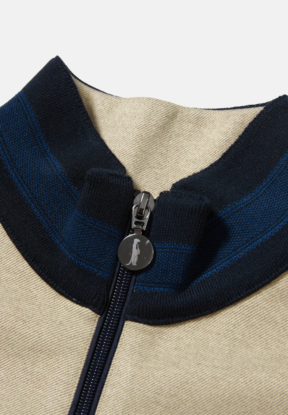 Cobblestone 1/4-zip knit neckline with dark navy zipper and pull tab