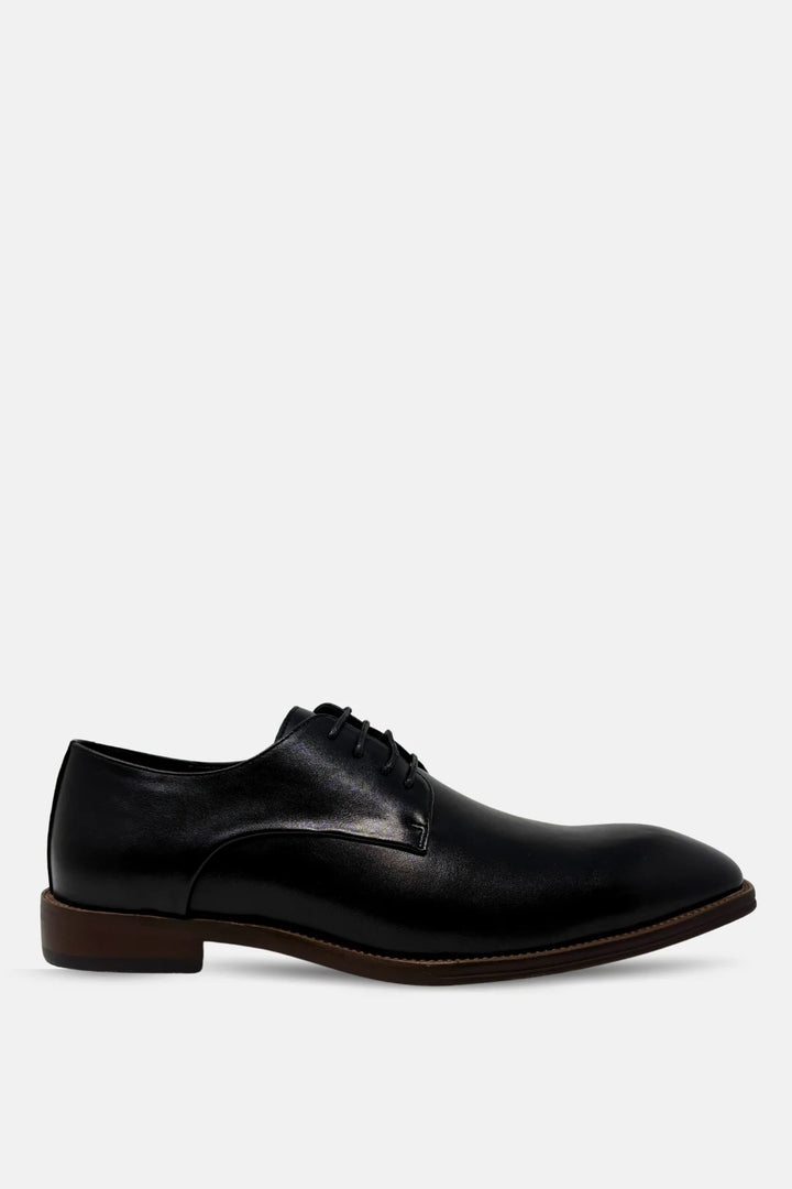 Black leather lace-up oxford dress shoe with smooth finish and brown sole