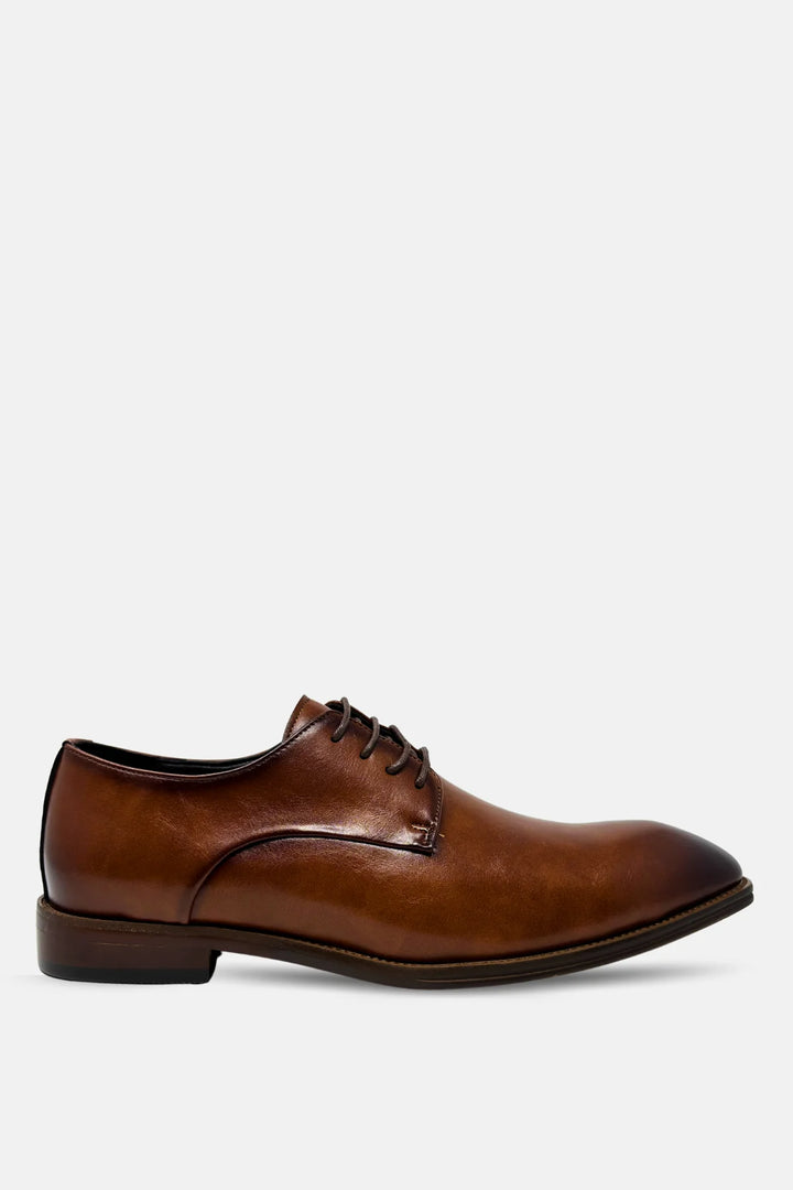 Brown leather lace-up dress shoe with rounded toe and stitched side panels