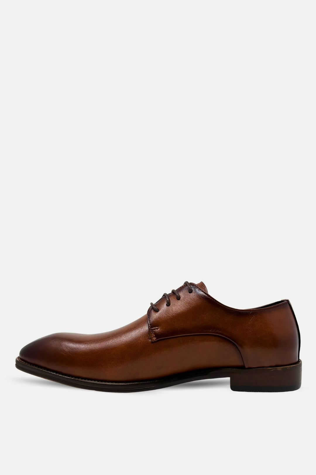 Brown leather lace-up dress shoe with low heel and curved stitched toe cap
