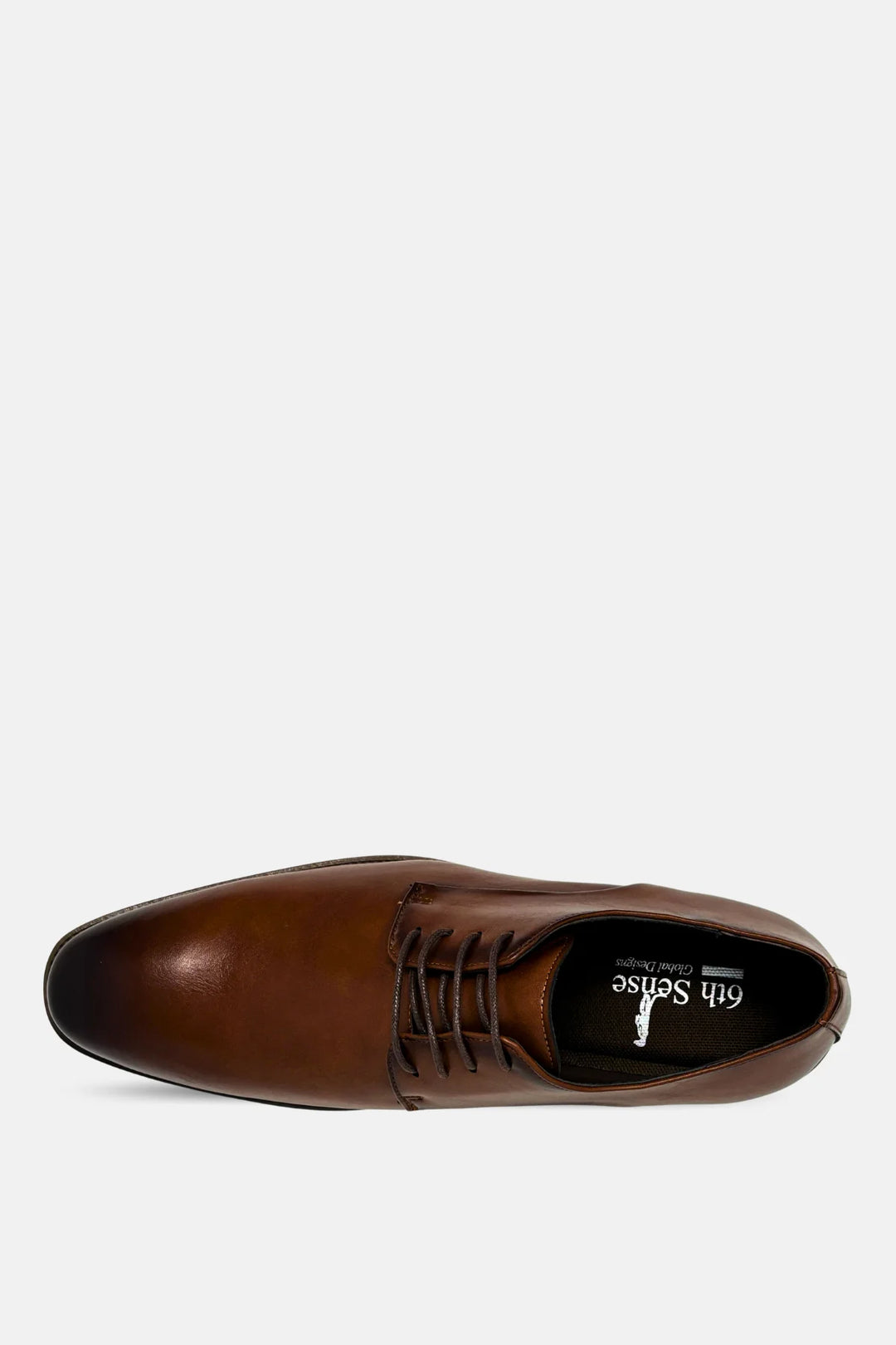 Brown leather lace-up dress shoe side view with black laces and cushioned collar