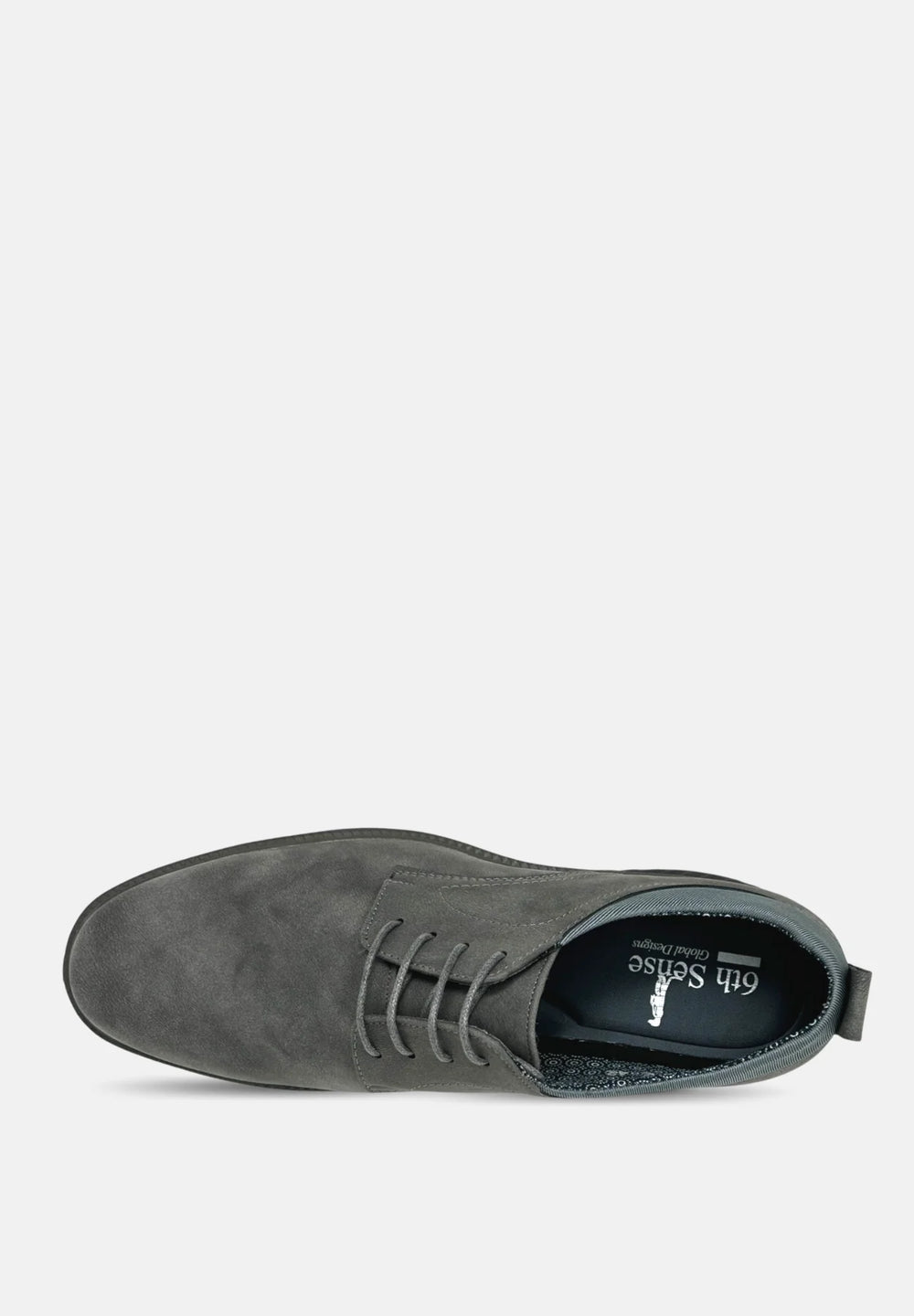 Light grey suede lace-up oxford shoe with blue lining and black outsole