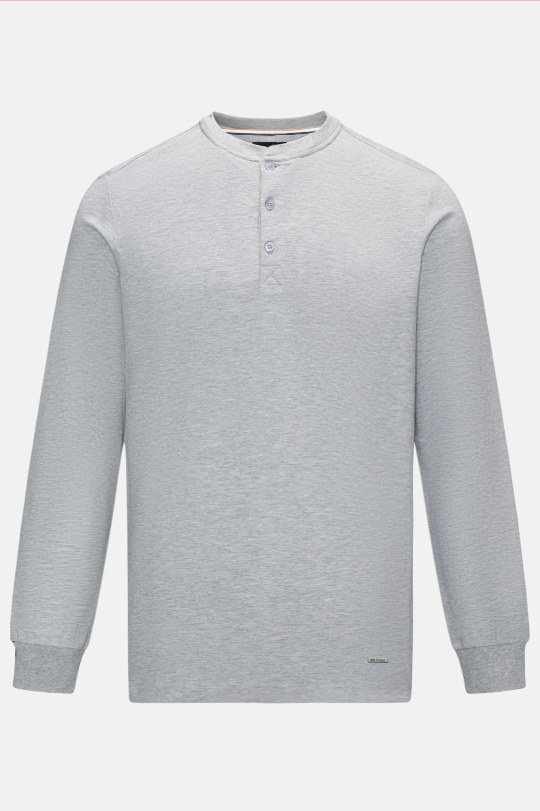 Long-sleeve gray henley top with a band collar and three-button placket