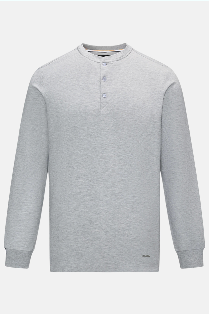 Long-sleeve gray henley top with a band collar and three-button placket