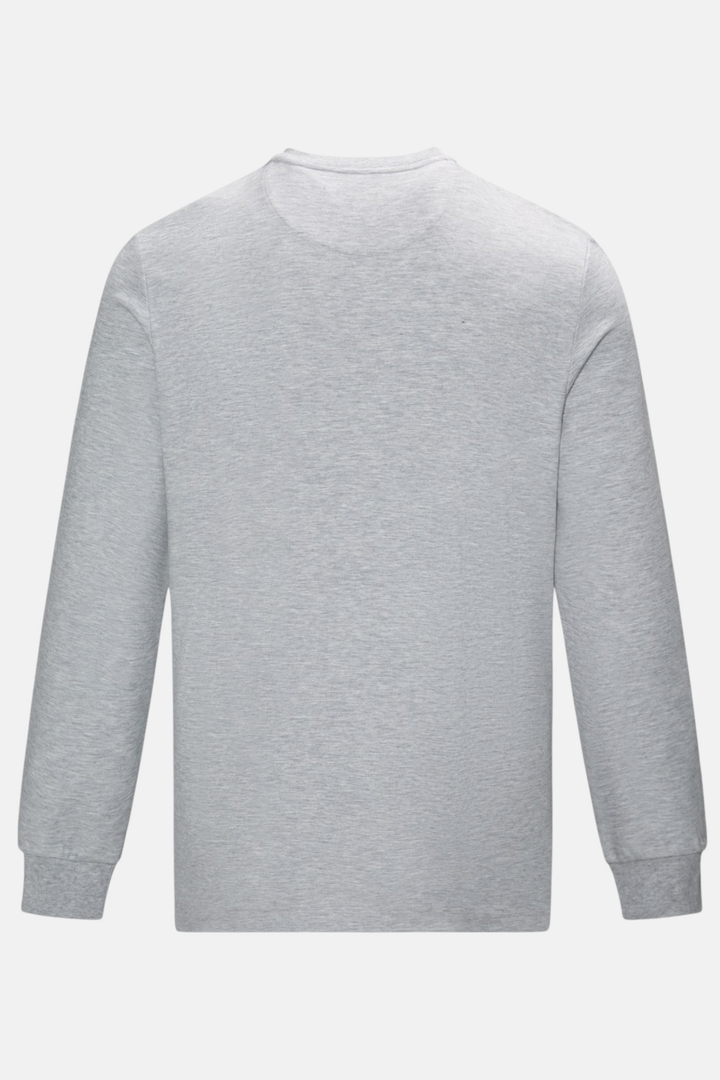 Back of the gray long-sleeve henley top with ribbed cuffs