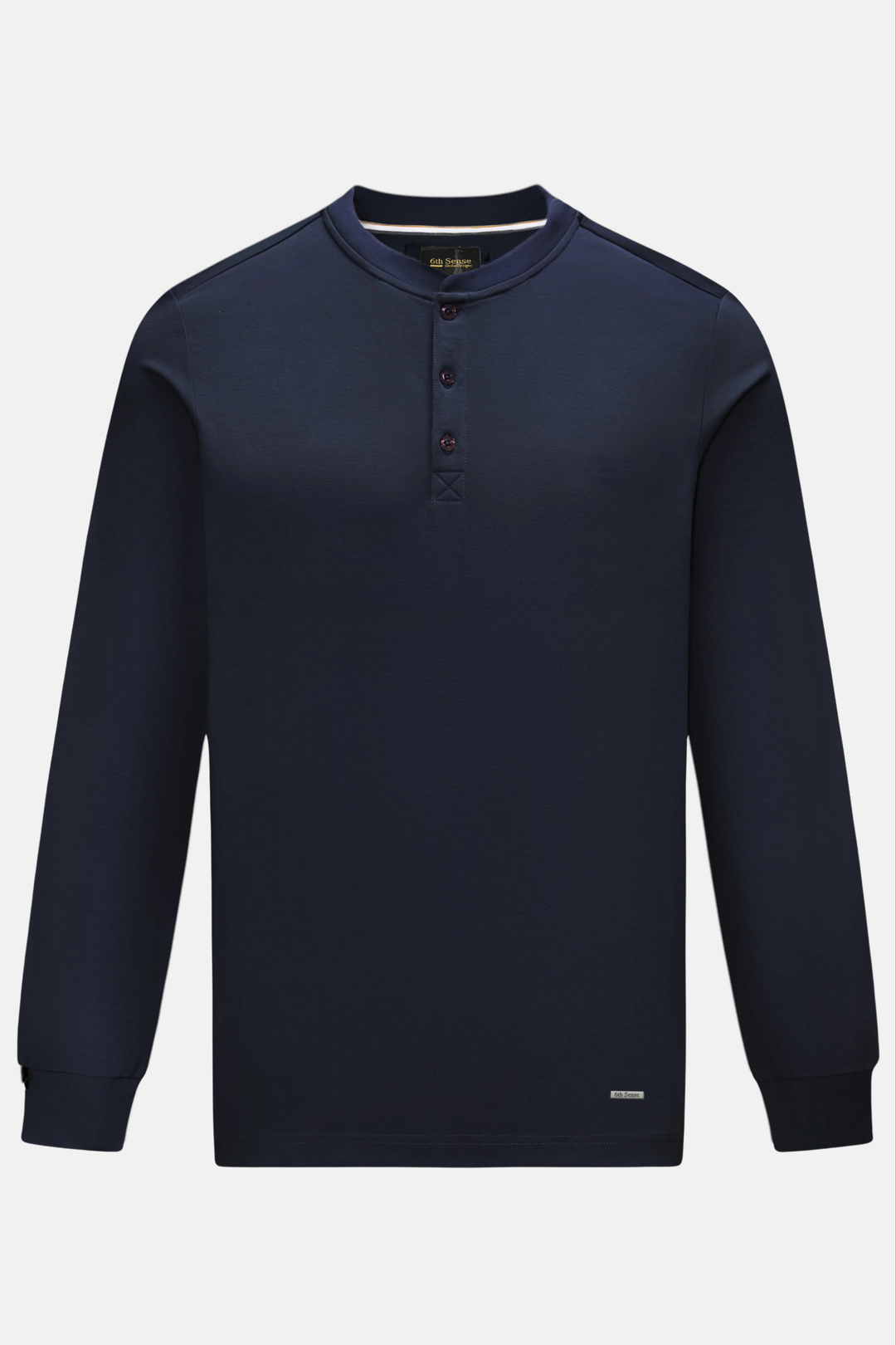 Dark navy long-sleeve top with a band collar, three-button placket, and ribbed cuffs