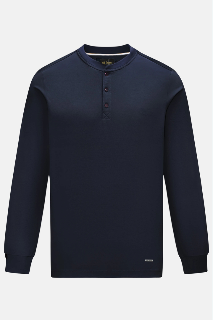 Dark navy long-sleeve top with a band collar, three-button placket, and ribbed cuffs