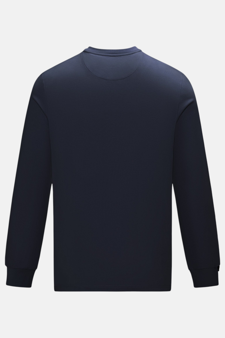 Back of the dark navy long-sleeve top with a band collar and ribbed cuffs