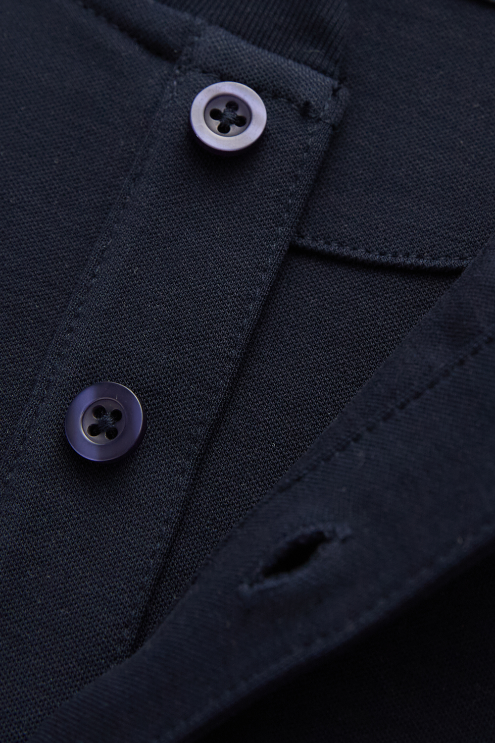 Close-up of the dark navy top's three-button placket and stitched buttonholes
