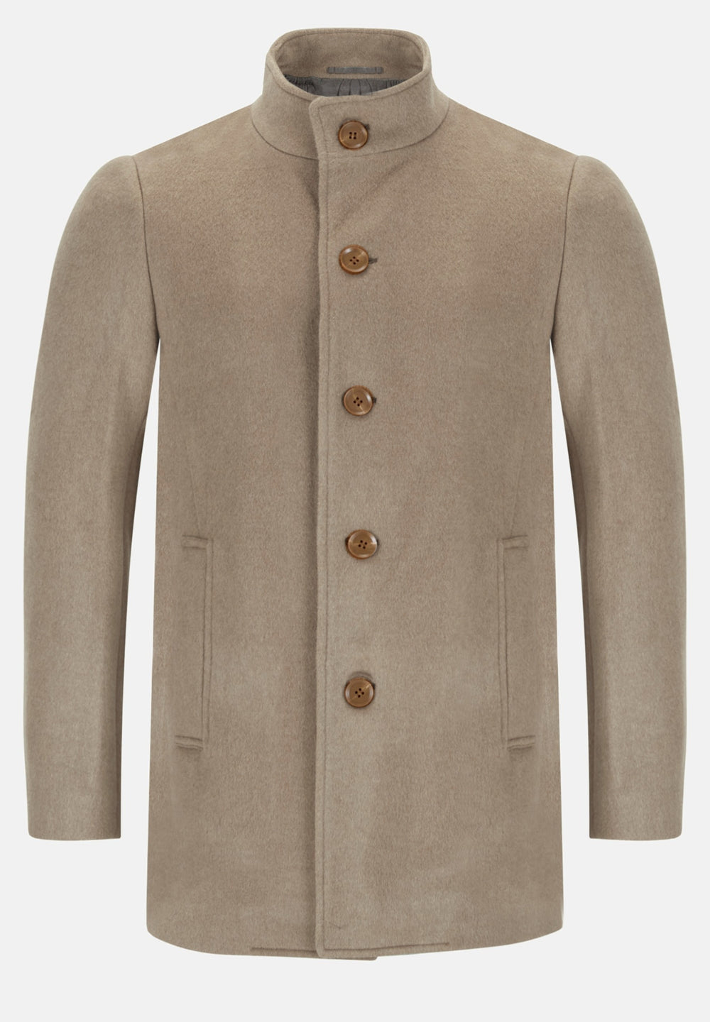Taupe wool coat with stand collar, button front, and flap pockets