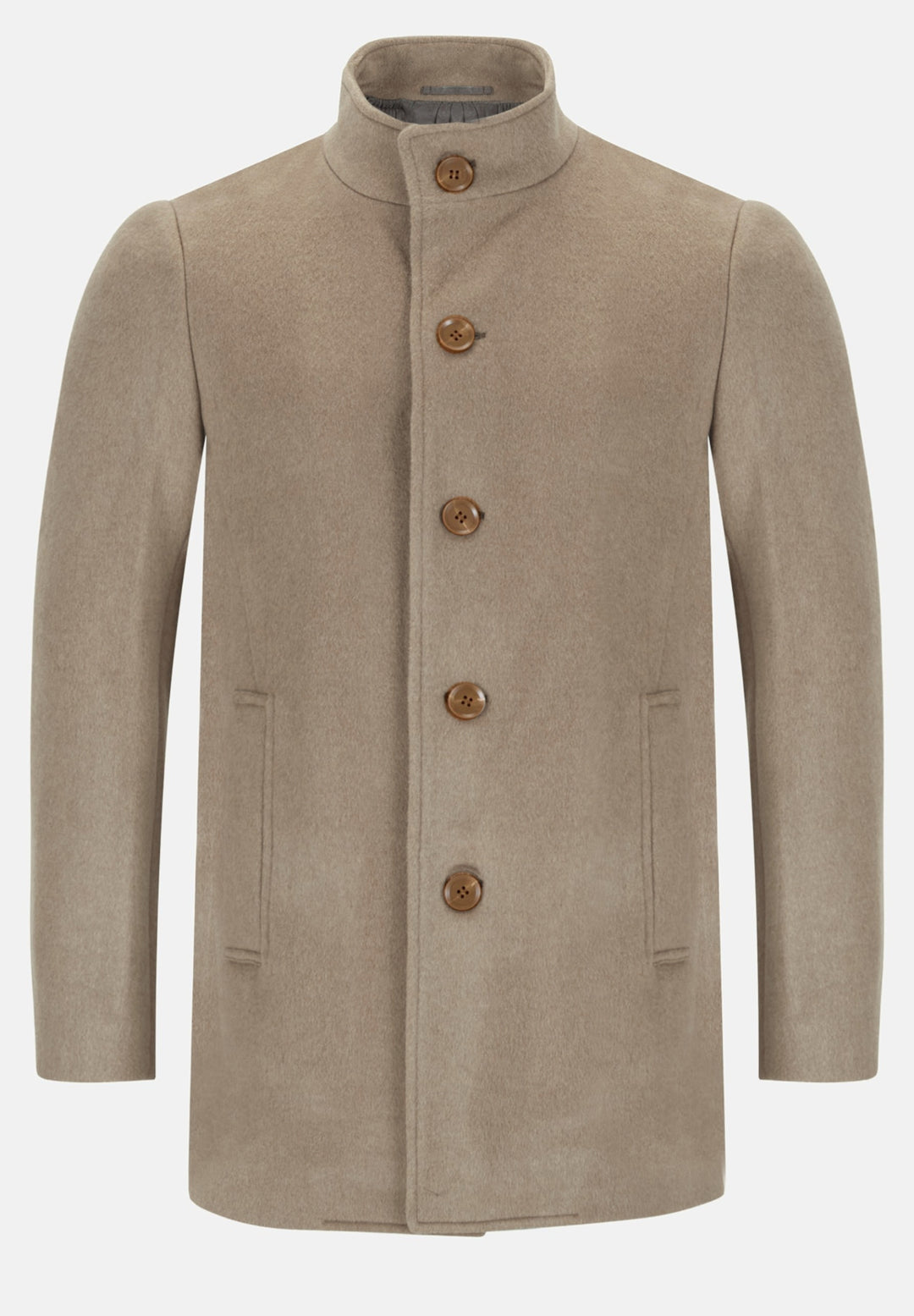 Taupe wool coat with stand collar, button front, and flap pockets
