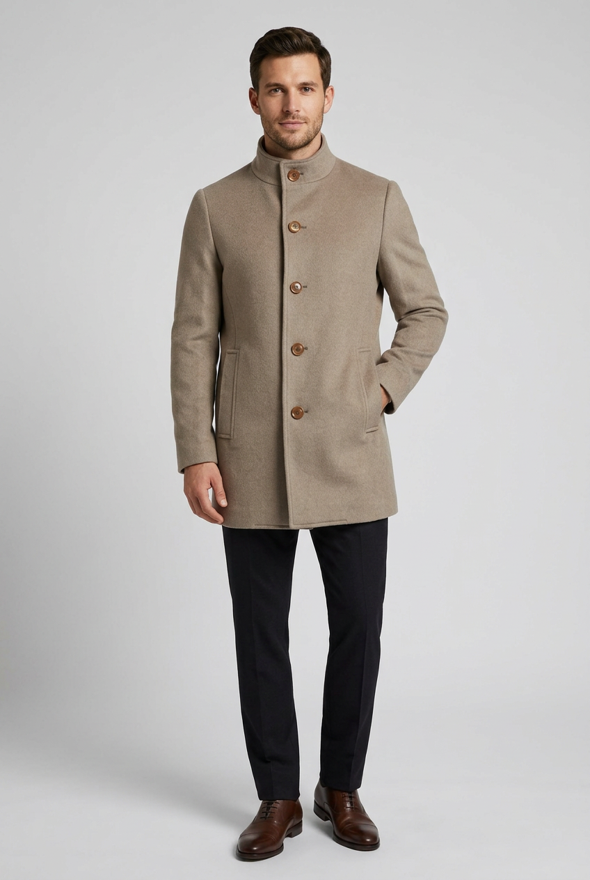 Taupe wool coat with a stand collar, button front, and side pockets