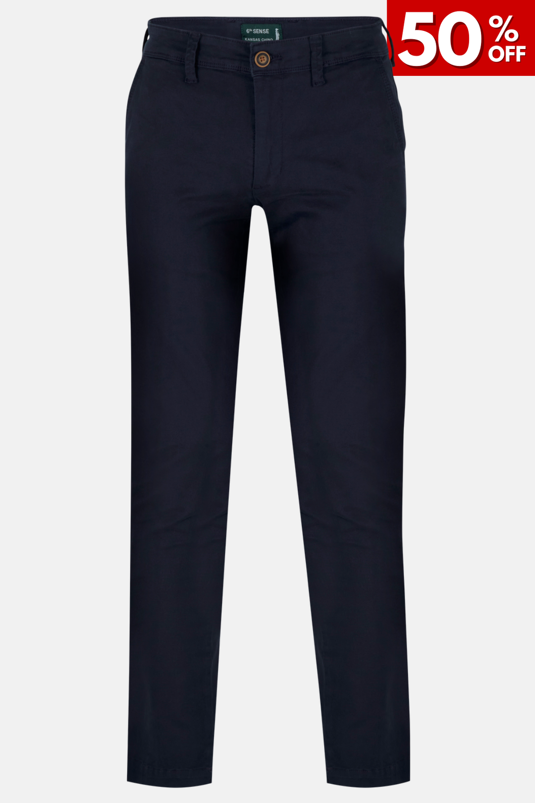 Navy chino trousers, button fly, belt loops, straight legs