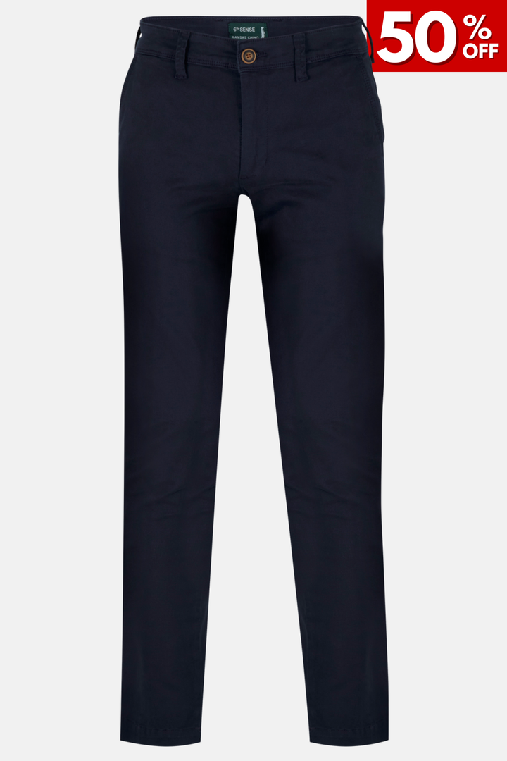 Navy chino trousers, button fly, belt loops, straight legs
