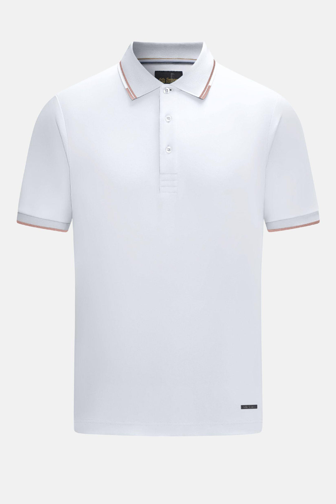 White polo shirt with pink trim on a white background