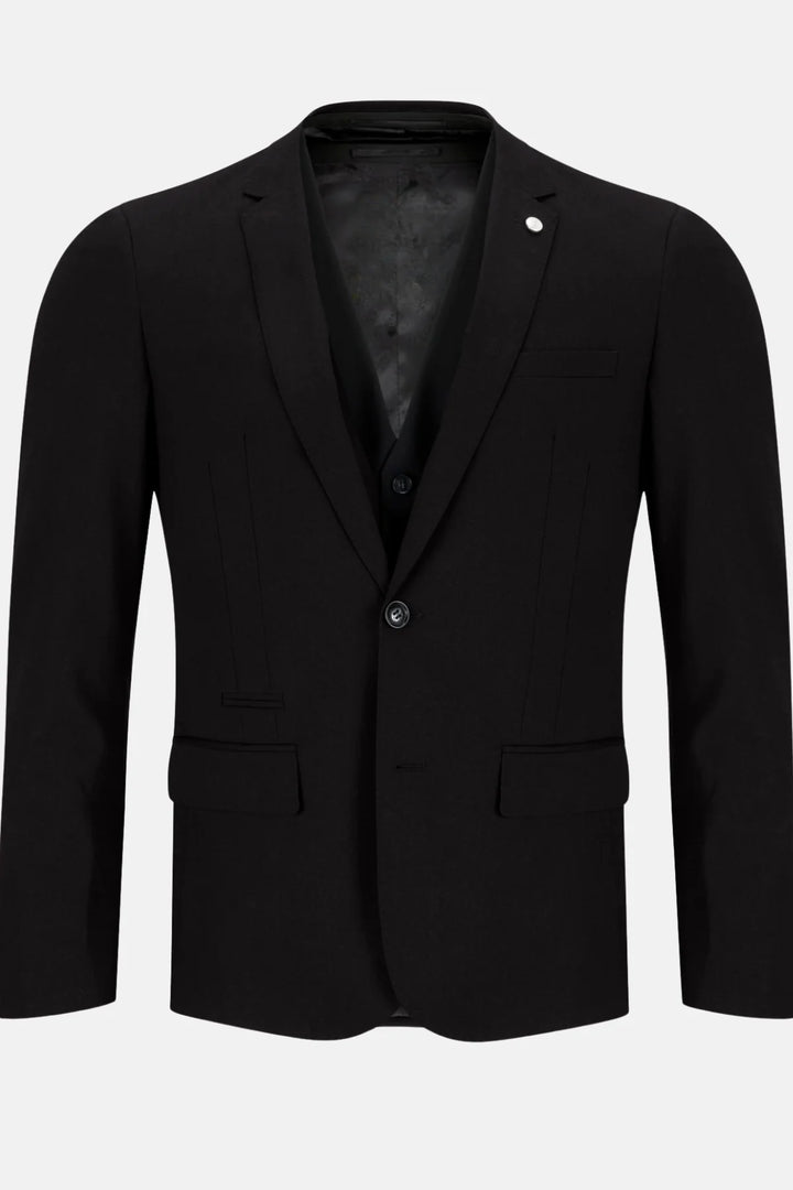 Black single-breasted suit jacket with notch lapels, button front, flap pockets