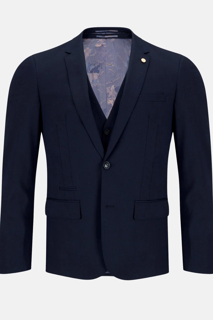 Navy single-breasted suit jacket with notch lapels and flap pockets
