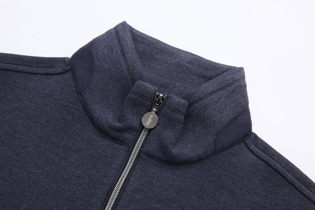 Navy 1/4-zip top with high collar and metal zip puller