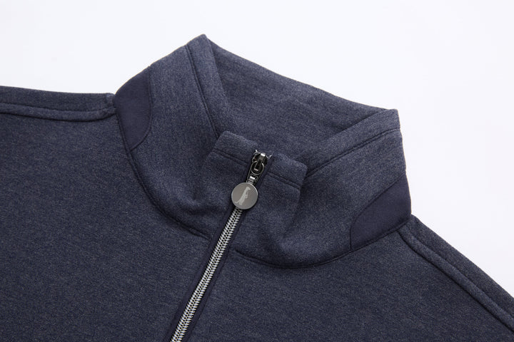 Navy 1/4-zip top with high collar and metal zip puller