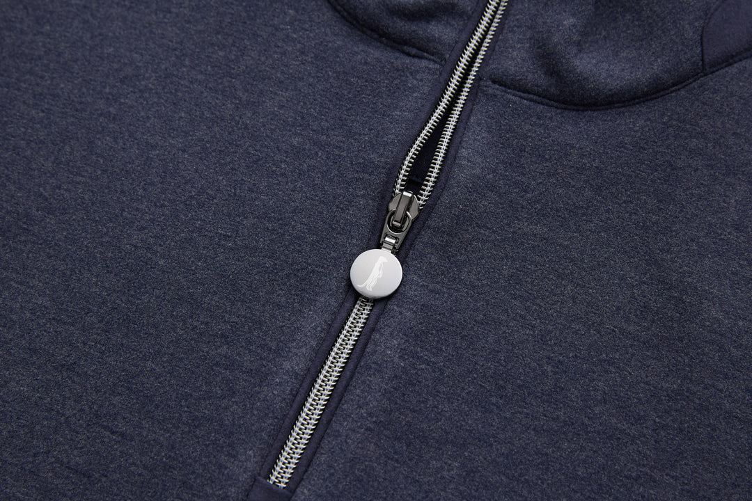 Navy zipper placket with metal zipper and round pull tab