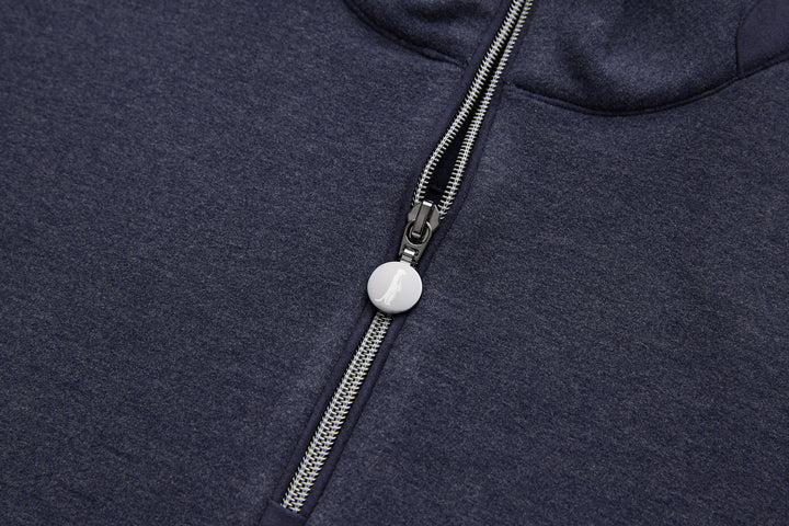 Navy zipper placket with metal zipper and round pull tab