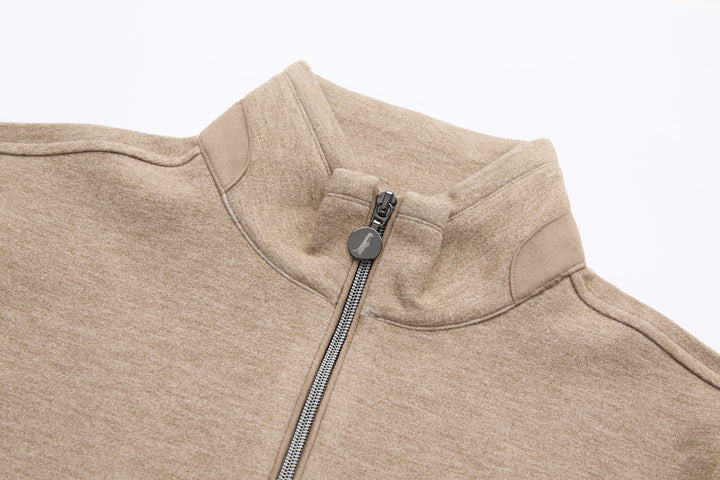 Taupe 1/4-zip top neckline with stand collar and zipper