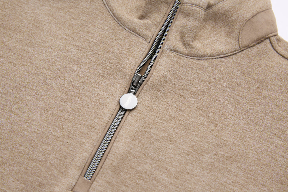 Taupe 1/4-zip top with metal zipper and round pull tab