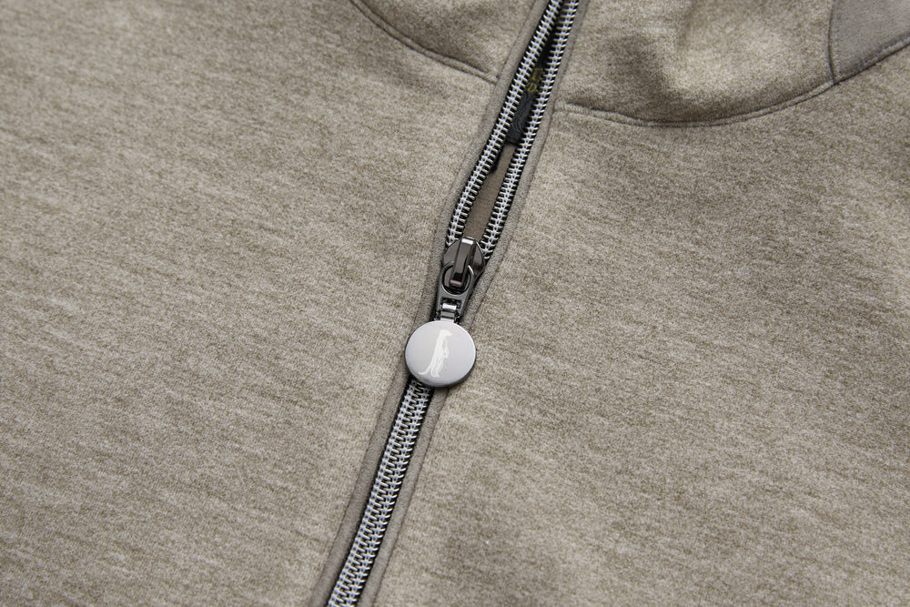 6th Sense 1/4-zip top zipper detail with contrast trim, heather walnut