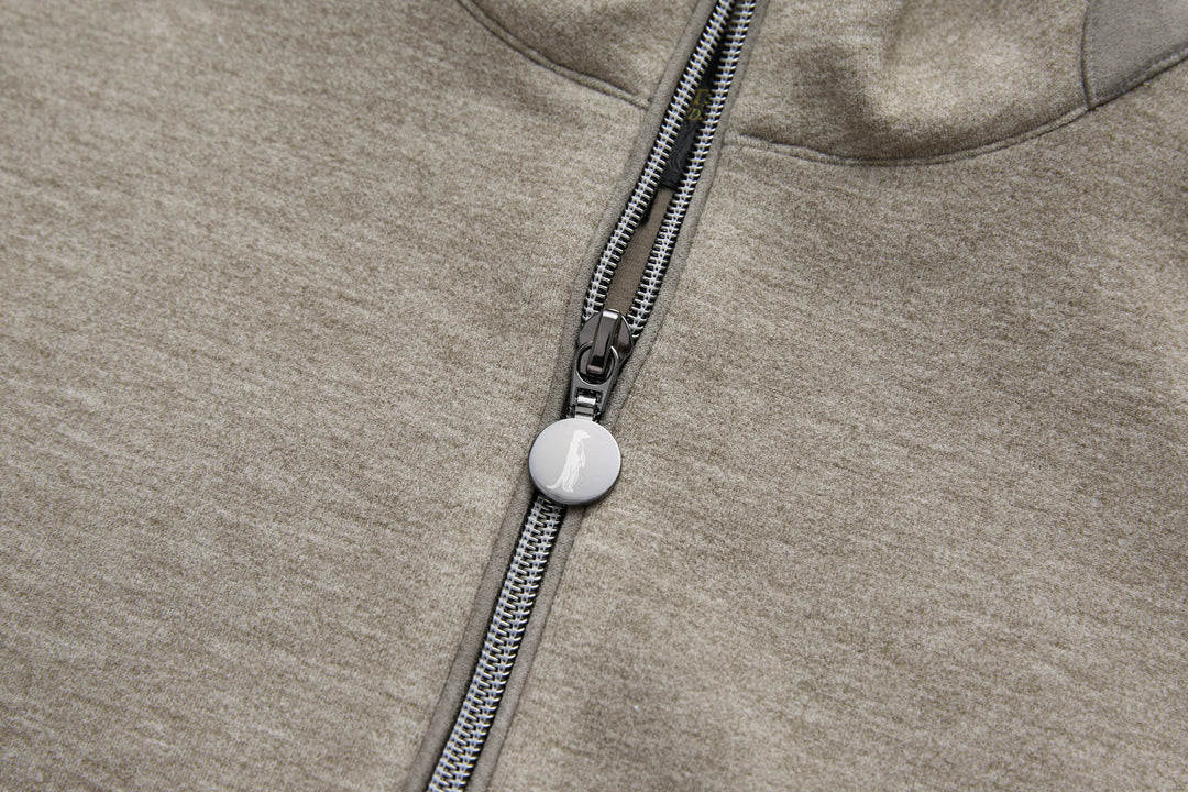 6th Sense 1/4-zip top zipper detail with contrast trim, heather walnut