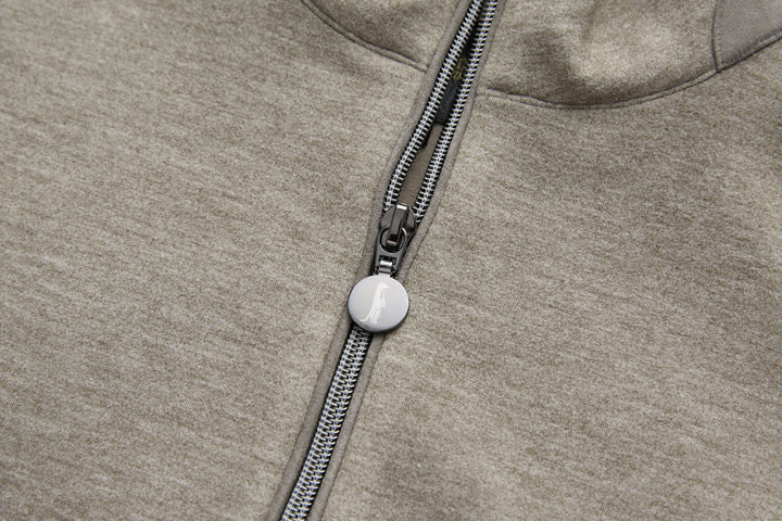 6th Sense 1/4-zip top zipper detail with contrast trim, heather walnut