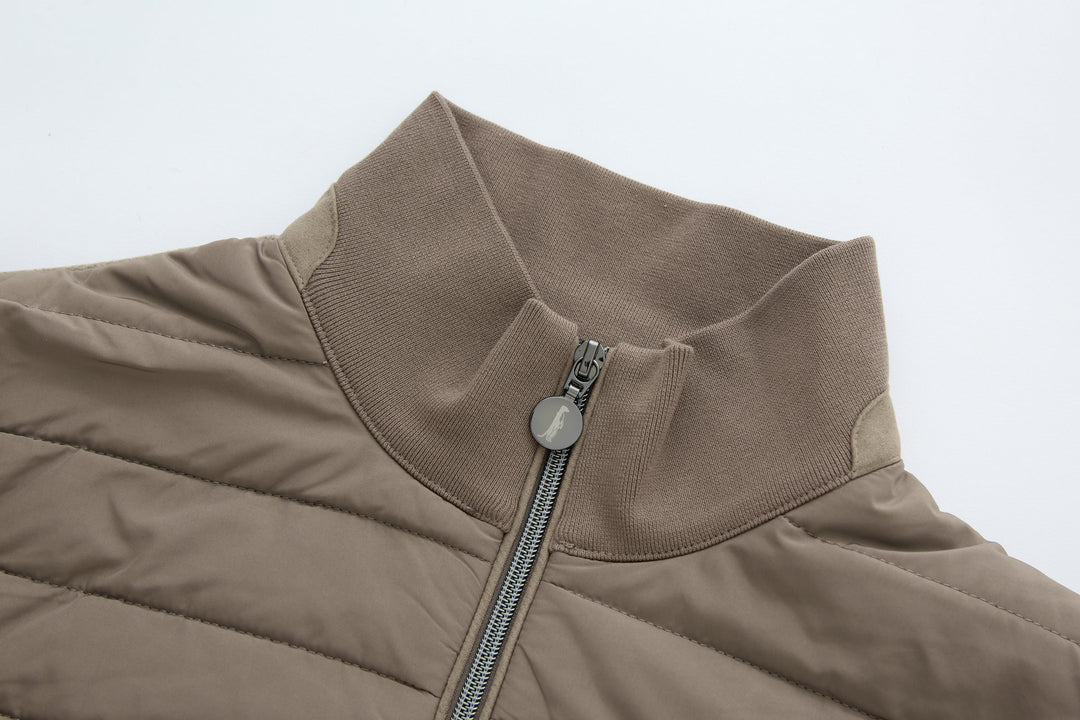Taupe gilet upper chest with metal zipper and ribbed collar trim