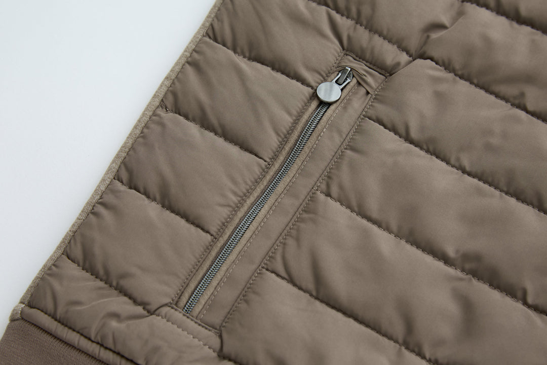 Taupe padded gilet front with quilted baffles and center zipper