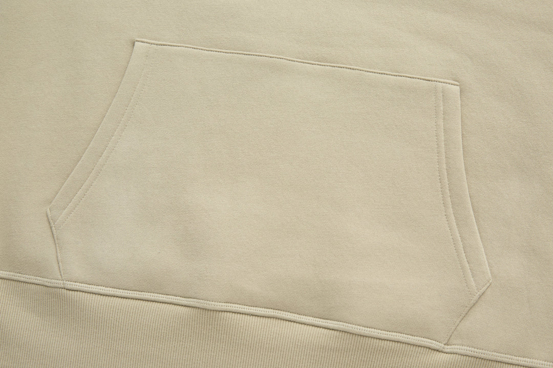 Rivet & Denim hoodie kangaroo pocket panel, stitched edge in light feather beige
