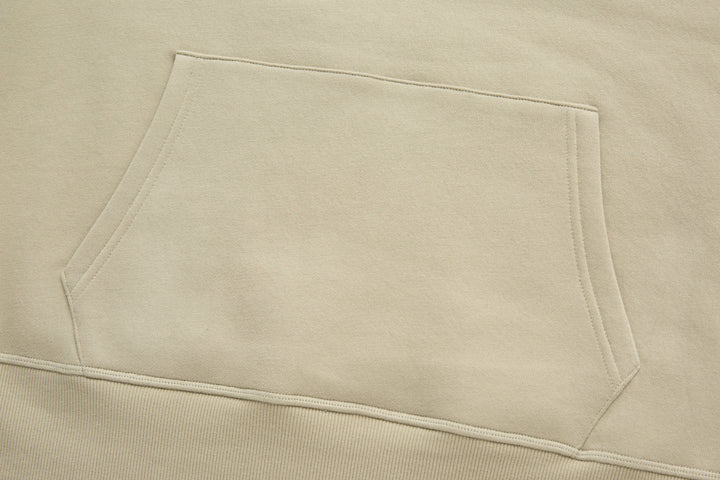 Rivet & Denim hoodie kangaroo pocket panel, stitched edge in light feather beige