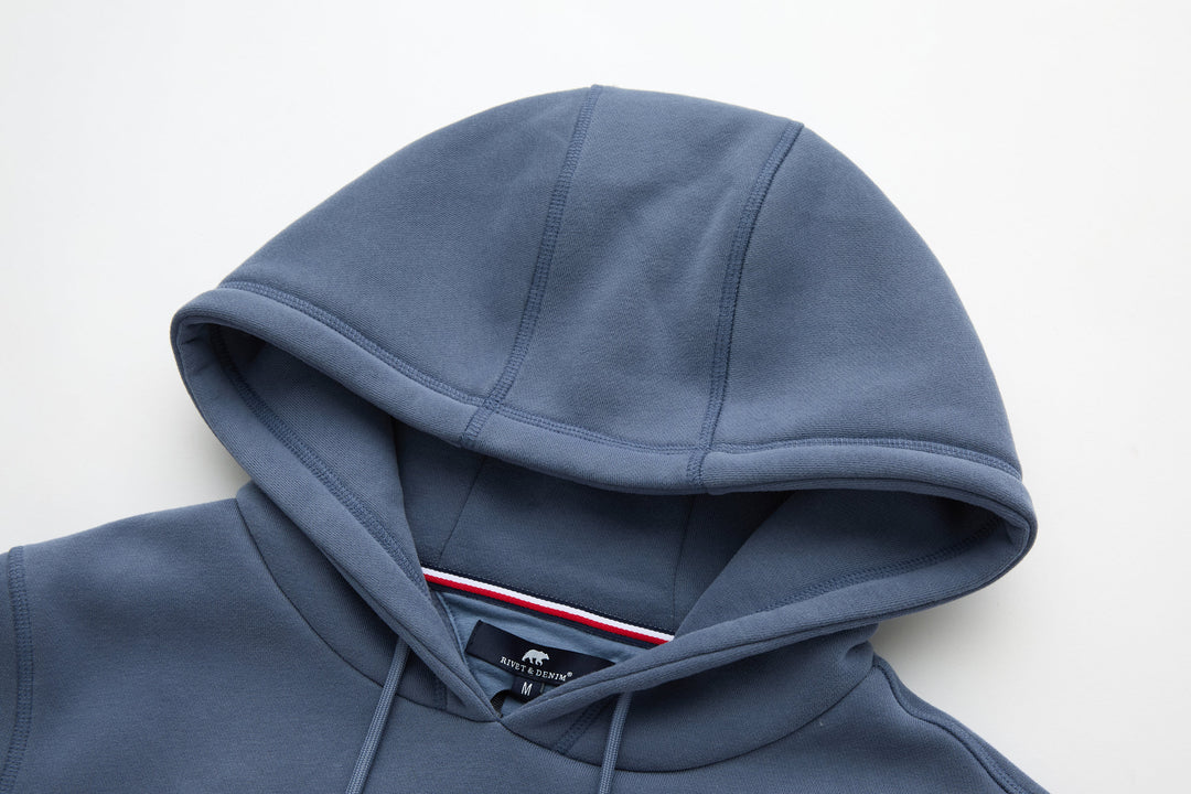 Blue denim hoodie hood with drawstring and inner lining detail