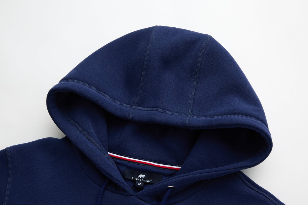 Navy denim hoodie with hood and inner striped trim